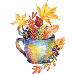 Colorful Fall Leaves And Coffee Cup Drawing