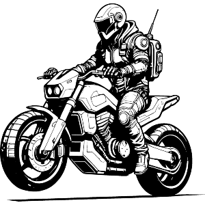Cyberpunk Nomad Riding Motorcycle