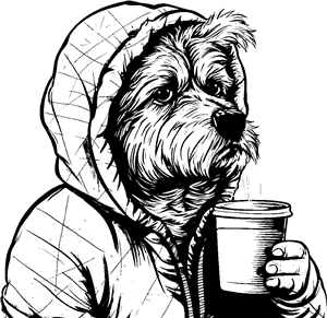 Dog in hoodie with coffee