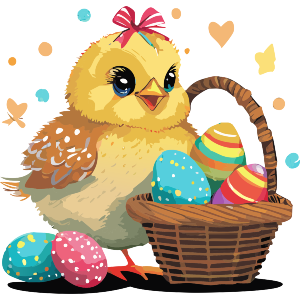 Easter Basket With Painted Eggs And Chick