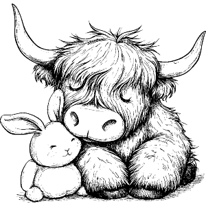 Sleepy Highland Cow Cuddling with Plush Bunny