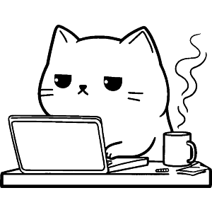 Exhausted Cat Working with Coffee