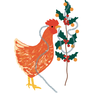 Chicken decorating the holly bush