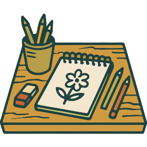 Drawing Desk With Sketchbook And Pencils