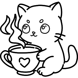 Cute Kawaii Style Kitten With Warm Drink
