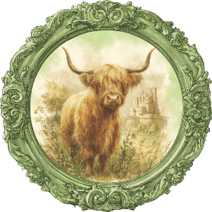 Highland Cow with Castle in Circle Frame