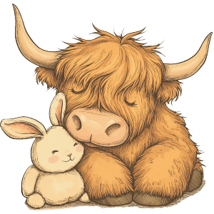 Sleeping Highland Cow Cuddling with Bunny Toy