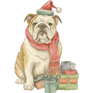 Christmas Bulldog Wearing Santa Hat and Gifts