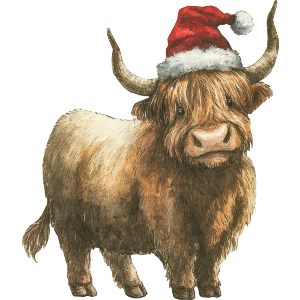 Highland Cow Wearing Santa Hat