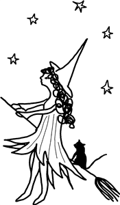 Witch with her cat on a broom stick 